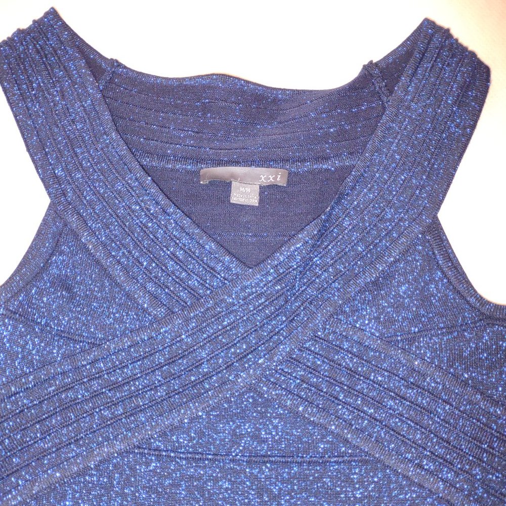 XXI SHIMMERY BLUE AND BLACK SHEATH DRESS SLINKY FITTED SLEEVELESS WOMANS SIZE M
